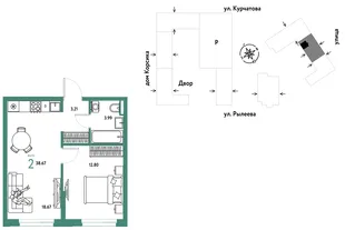 Планировка 2-комн. квартира, 38.85 м² ЖК «Остров-сад»