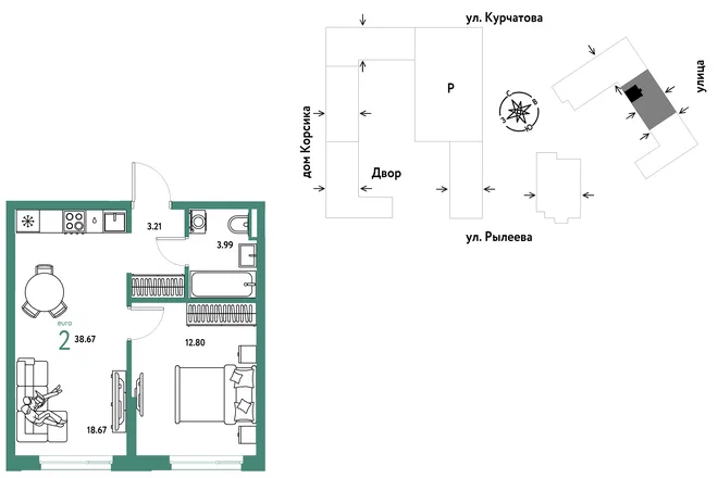 Планировка 2-комн. квартира, 38.85 м² ЖК «Остров-сад» Планировка 2-комн. квартира, 38.85 м² ЖК «Остров-сад»