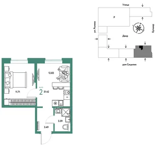 Планировка 2-комн. квартира, 31.42 м² ЖК «Остров-сад»
