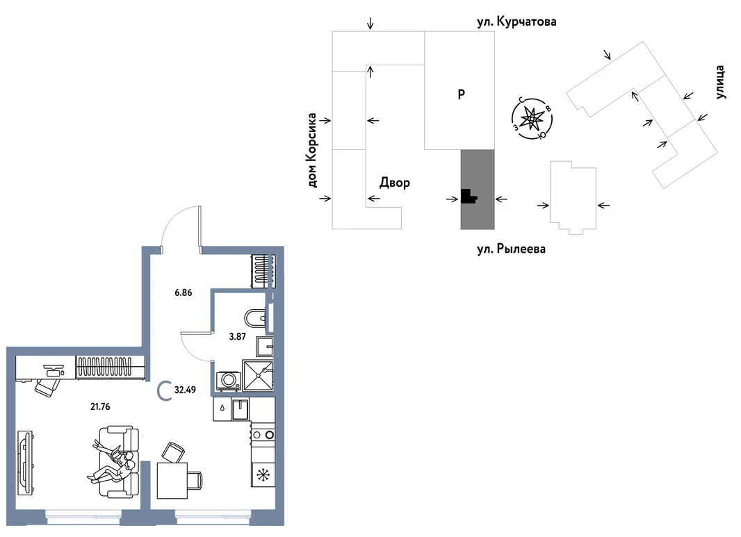 Планировка Студия, 32.45 м² ЖК «Остров-сад»