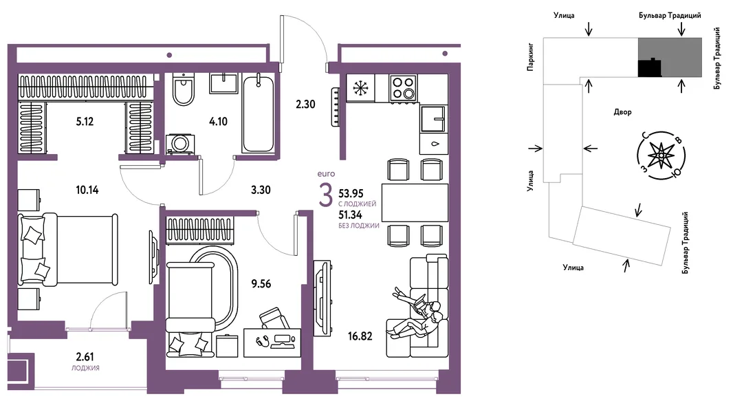 Планировка 3-комн. квартира, 53.95 м² ЖК «Микрорайон Домашний»