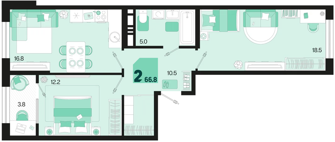 Планировка 2-комн. квартира, 66.8 м² ЖК «Первое место»