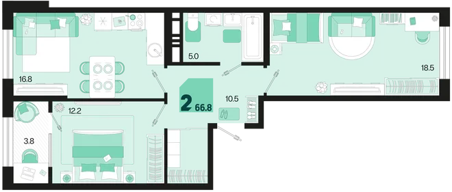 Планировка 2-комн. квартира, 66.8 м² ЖК «Первое место» Планировка 2-комн. квартира, 66.8 м² ЖК «Первое место»