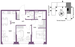 Планировка 3-комн. квартира, 55.83 м² ЖК «Микрорайон Домашний»