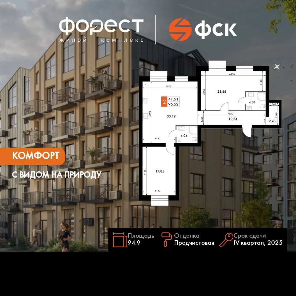 Планировка 3-комн. квартира, 94.9 м² ЖК «ФоРест»