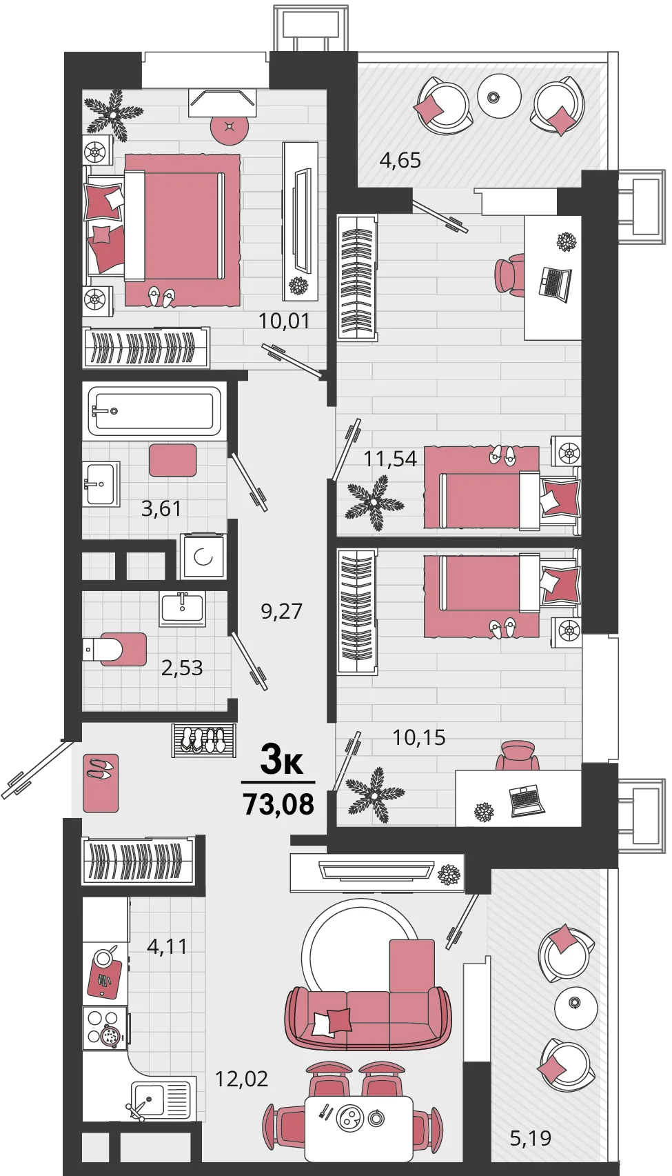 Планировка 4-комн. квартира, 73.08 м² ЖК «Родные просторы»