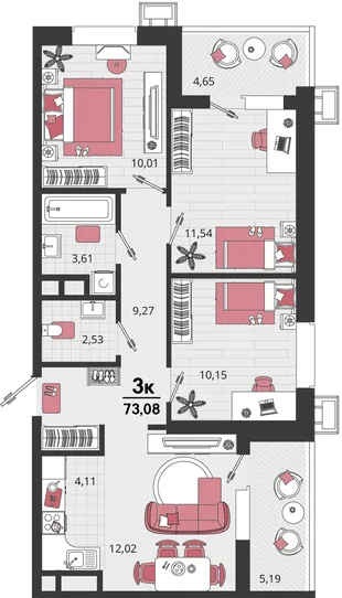 Планировка 4-комн. квартира, 73.08 м² ЖК «Родные просторы»