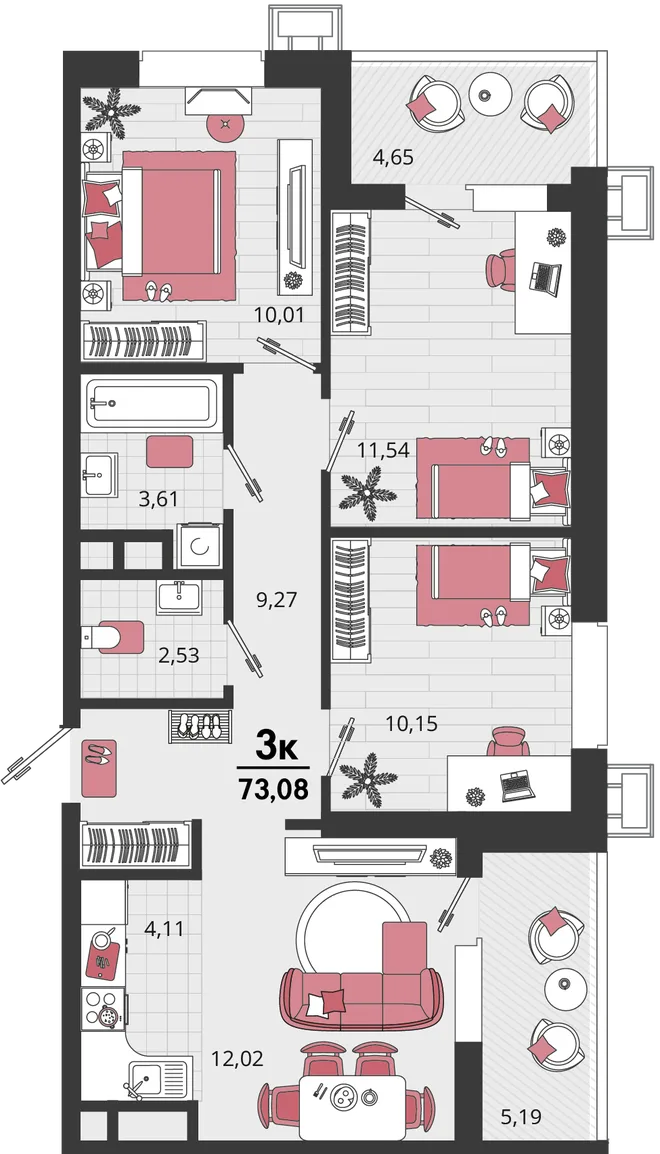 Планировка 4-комн. квартира, 73.08 м² ЖК «Родные просторы» Планировка 4-комн. квартира, 73.08 м² ЖК «Родные просторы»