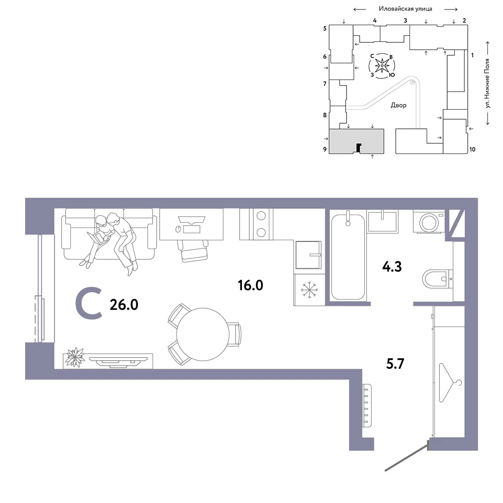 Планировка Студия, 26 м² ЖК «Страна.Заречная»