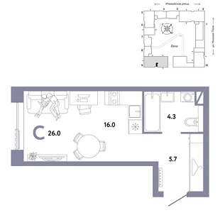 Планировка Студия, 26 м² ЖК «Страна.Заречная»