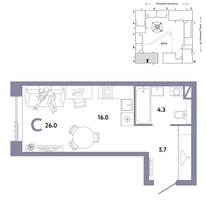 Планировка Студия, 26 м² ЖК «Страна.Заречная»