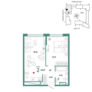 Планировка 2-комн. квартира, 40.51 м² ЖК «Сибирский сад»