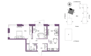 Планировка 3-комн. квартира, 66.56 м² ЖК «Уральский сад»