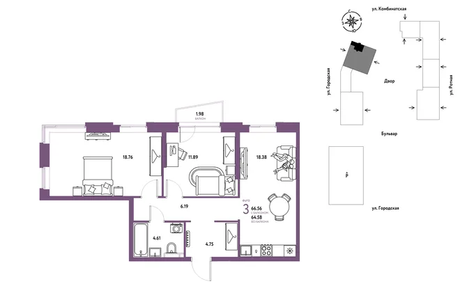 Планировка 3-комн. квартира, 66.56 м² ЖК «Уральский сад» Планировка 3-комн. квартира, 66.56 м² ЖК «Уральский сад»
