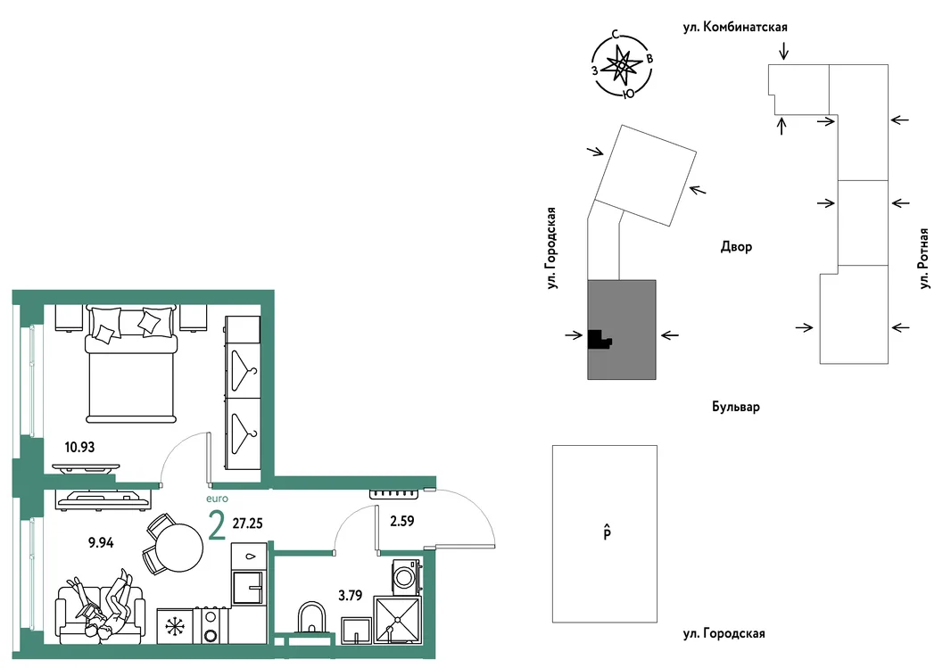 Планировка 2-комн. квартира, 27.25 м² ЖК «Уральский сад»
