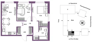 Планировка 3-комн. квартира, 58.55 м² ЖК «Сердце Сибири»
