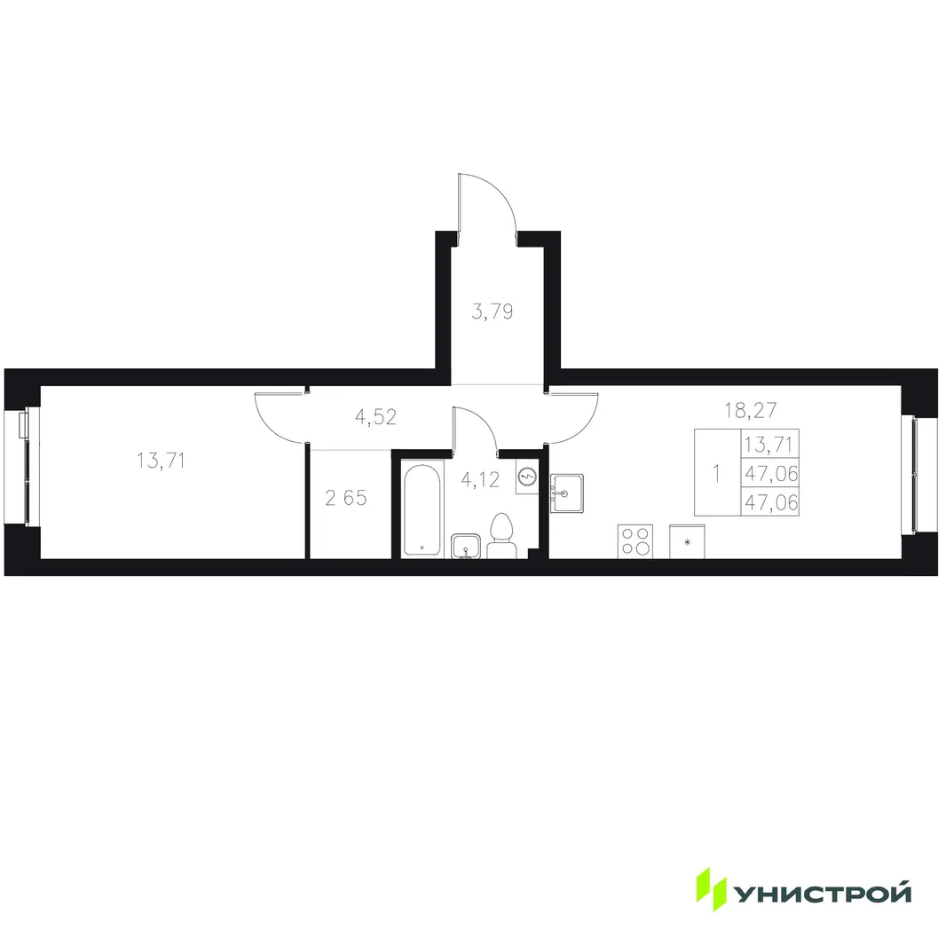 Планировка 1-комн. квартира, 47.06 м² ЖК «Statum»