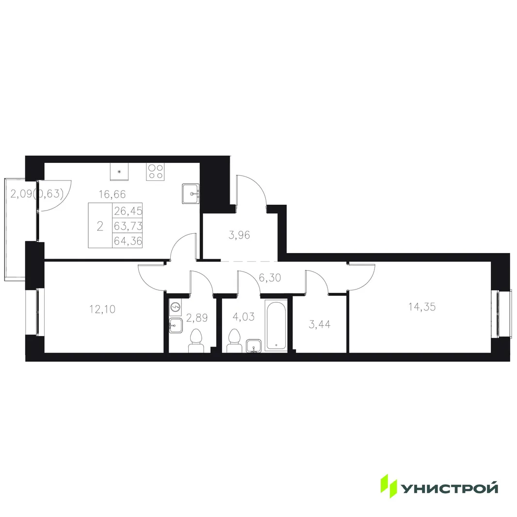Планировка 2-комн. квартира, 64.36 м² ЖК «Statum»