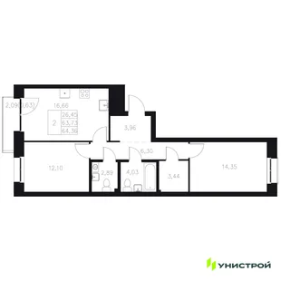 Планировка 2-комн. квартира, 64.36 м² ЖК «Statum»