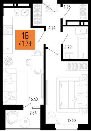 Планировка 1-комн. квартира, 41.78 м² ЖК «Столицыно»