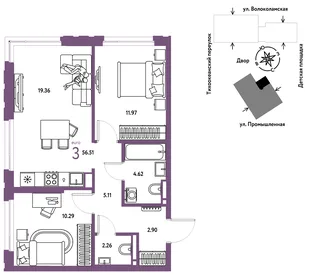 Планировка 3-комн. квартира, 56.51 м² ЖК «Страна Прибрежная»