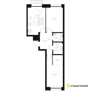 Планировка 2-комн. квартира, 64.51 м² ЖК «Statum»