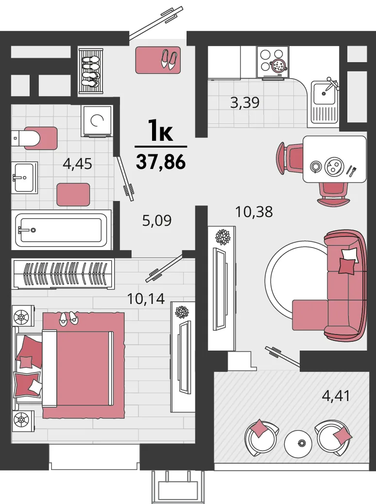 Планировка 2-комн. квартира, 37.86 м² ЖК «Родные просторы»
