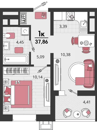 Планировка 2-комн. квартира, 37.86 м² ЖК «Родные просторы»