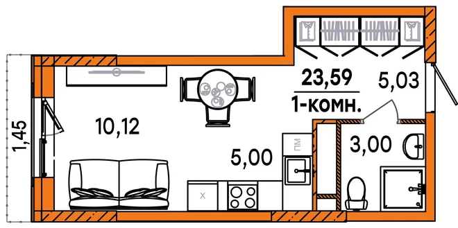 Планировка Студия, 23.59 м² ЖК «Юность» Планировка Студия, 23.59 м² ЖК «Юность»