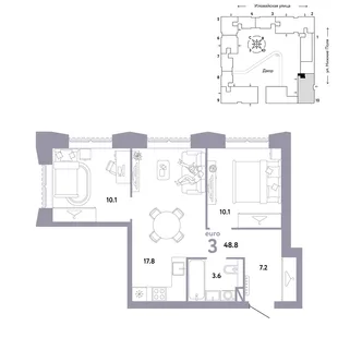 Планировка 3-комн. квартира, 48.8 м² ЖК «Страна.Заречная»