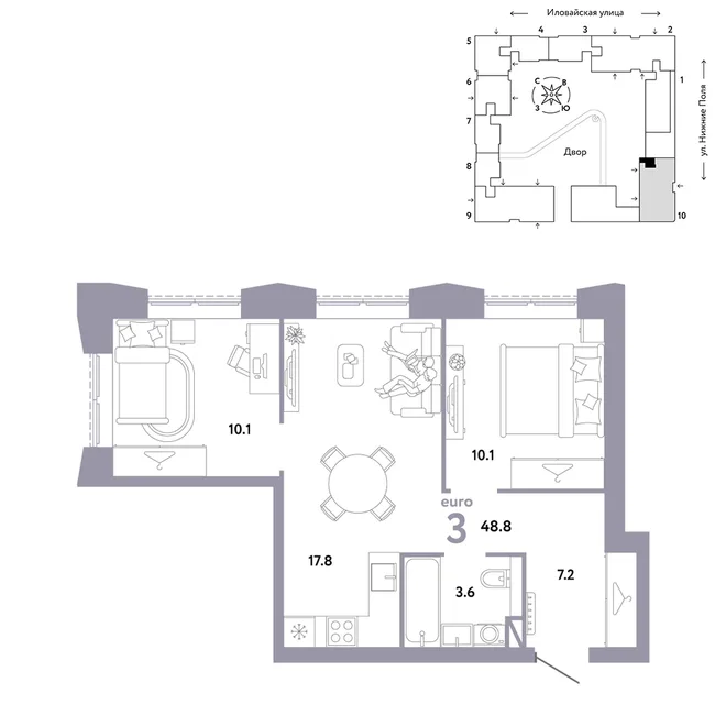 Планировка 3-комн. квартира, 48.8 м² ЖК «Страна.Заречная» Планировка 3-комн. квартира, 48.8 м² ЖК «Страна.Заречная»
