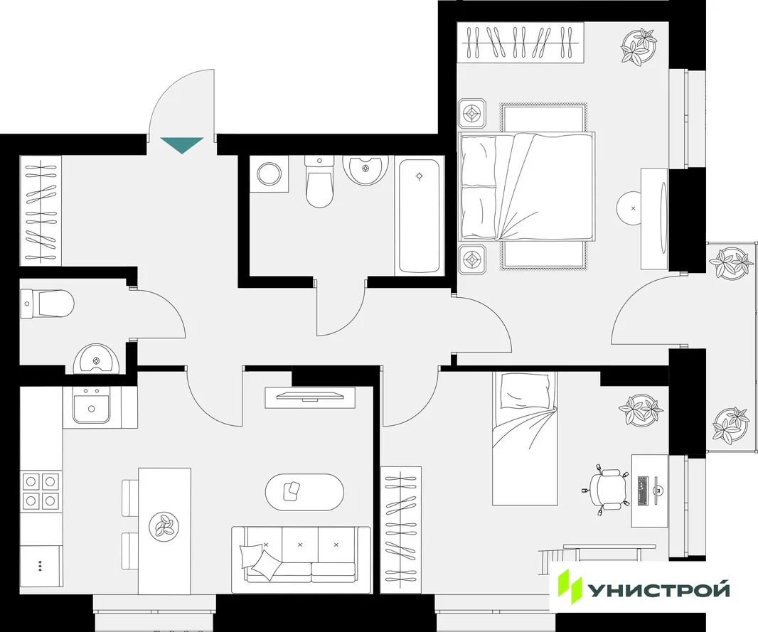 Планировка 2-комн. квартира, 60.45 м² ЖК «Уникум на Амирхана»