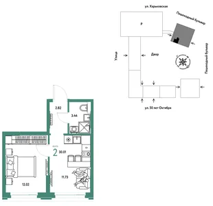 Планировка 2-комн. квартира, 30.01 м² ЖК «Сердце Сибири»