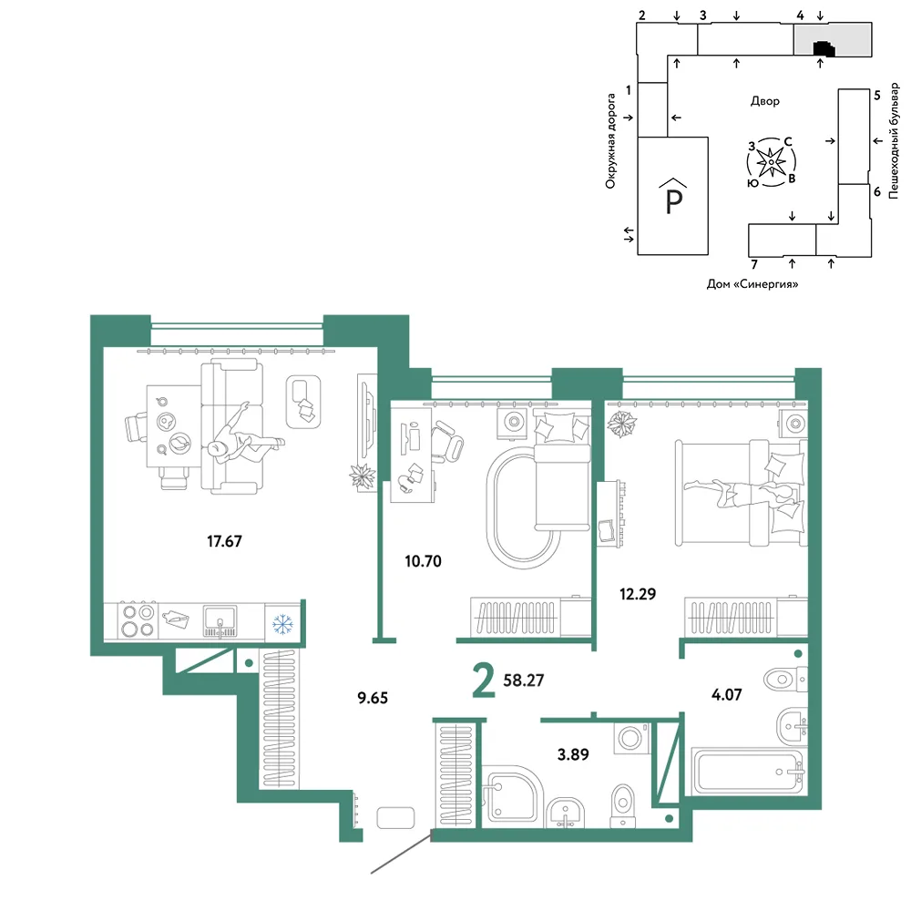 Планировка 2-комн. квартира, 58.27 м² ЖК «Юнион»