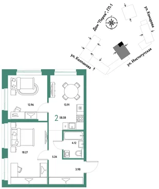 Планировка 2-комн. квартира, 58.58 м² ЖК «Страна.Парковая»