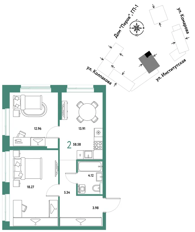 Планировка 2-комн. квартира, 58.58 м² ЖК «Страна.Парковая» Планировка 2-комн. квартира, 58.58 м² ЖК «Страна.Парковая»
