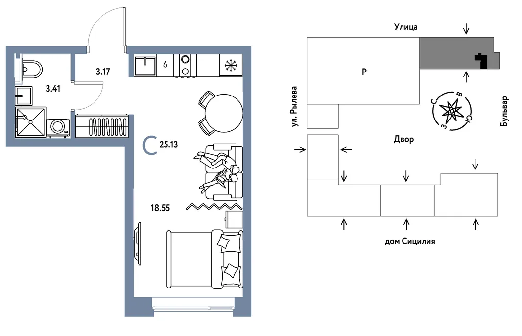 Планировка Студия, 25.13 м² ЖК «Остров-сад»