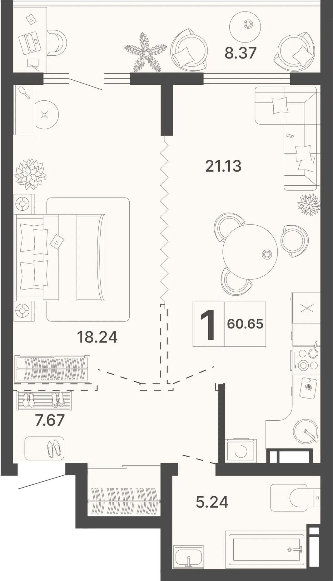 Планировка 1-комн. квартира, 60.65 м² ЖК «Светский лес»