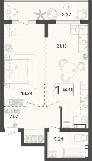 Планировка 1-комн. квартира, 60.65 м² ЖК «Светский лес»