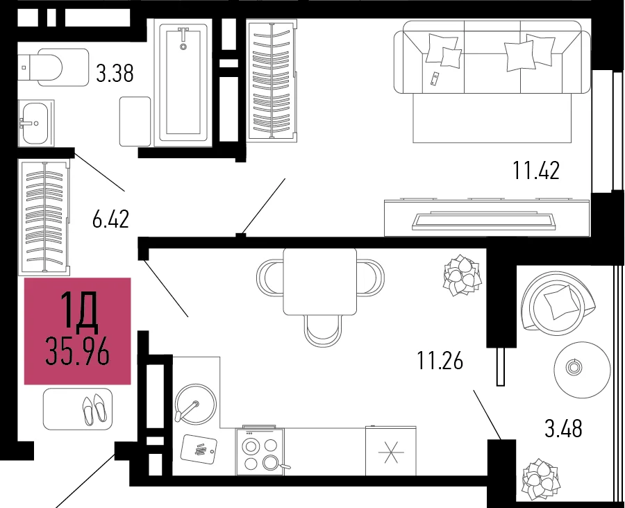 Планировка 1-комн. квартира, 35.96 м² ЖК «Столицыно»