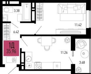 Планировка 1-комн. квартира, 35.96 м² ЖК «Столицыно»