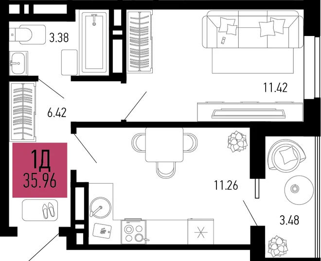 Планировка 1-комн. квартира, 35.96 м² ЖК «Столицыно» Планировка 1-комн. квартира, 35.96 м² ЖК «Столицыно»