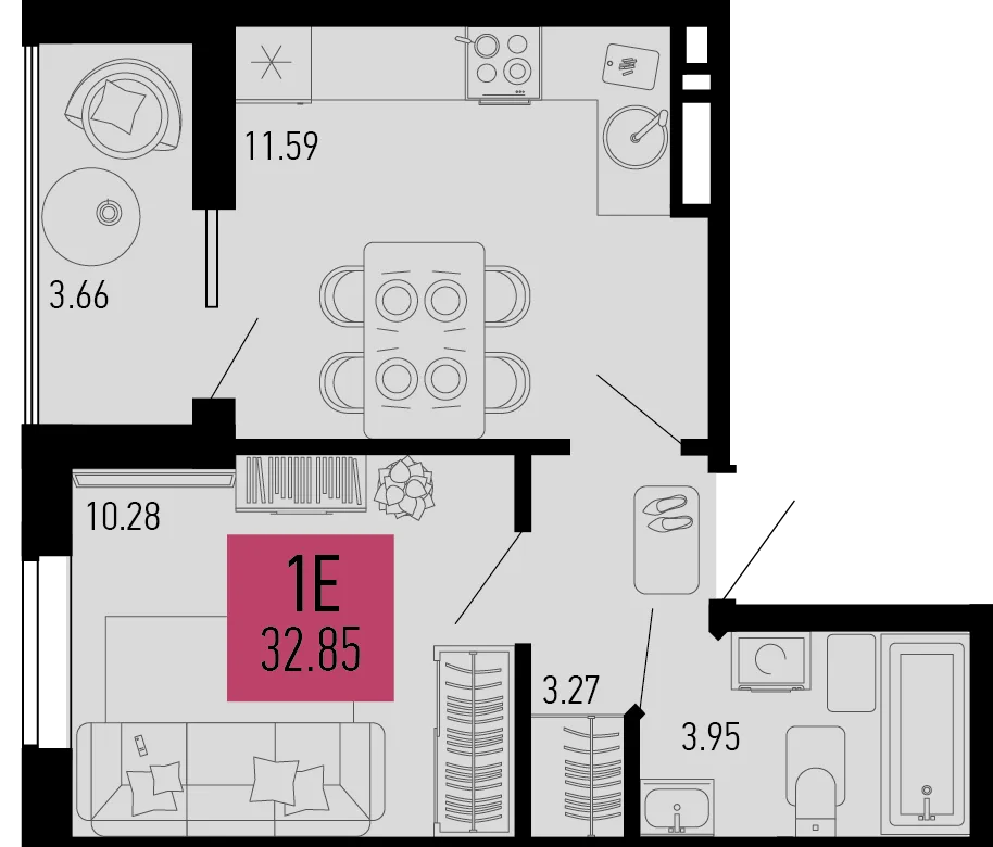 Планировка 1-комн. квартира, 32.85 м² ЖК «Столицыно»