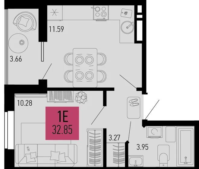 Планировка 1-комн. квартира, 32.85 м² ЖК «Столицыно» Планировка 1-комн. квартира, 32.85 м² ЖК «Столицыно»