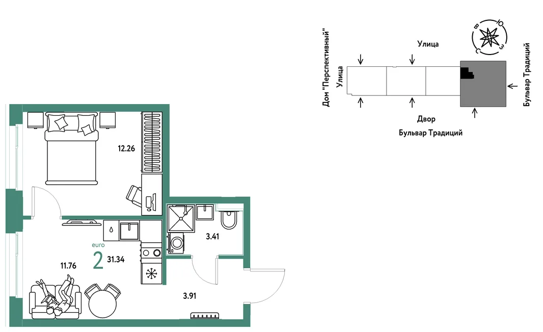 Планировка 2-комн. квартира, 31.34 м² ЖК «Микрорайон Домашний»