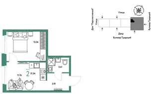 Планировка 2-комн. квартира, 31.34 м² ЖК «Микрорайон Домашний»