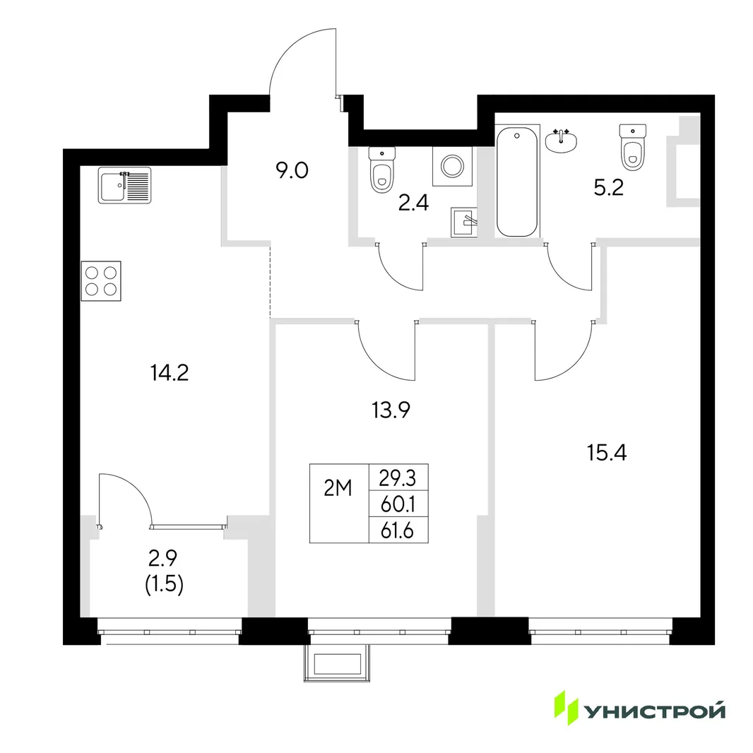 Планировка 2-комн. квартира, 61.6 м² ЖК «Стадиум»