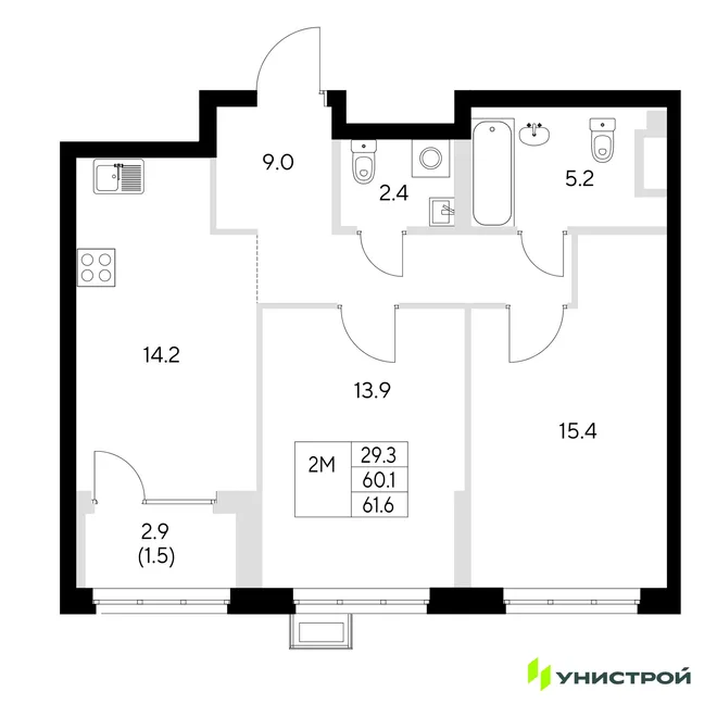 Планировка 2-комн. квартира, 61.6 м² ЖК «Стадиум»