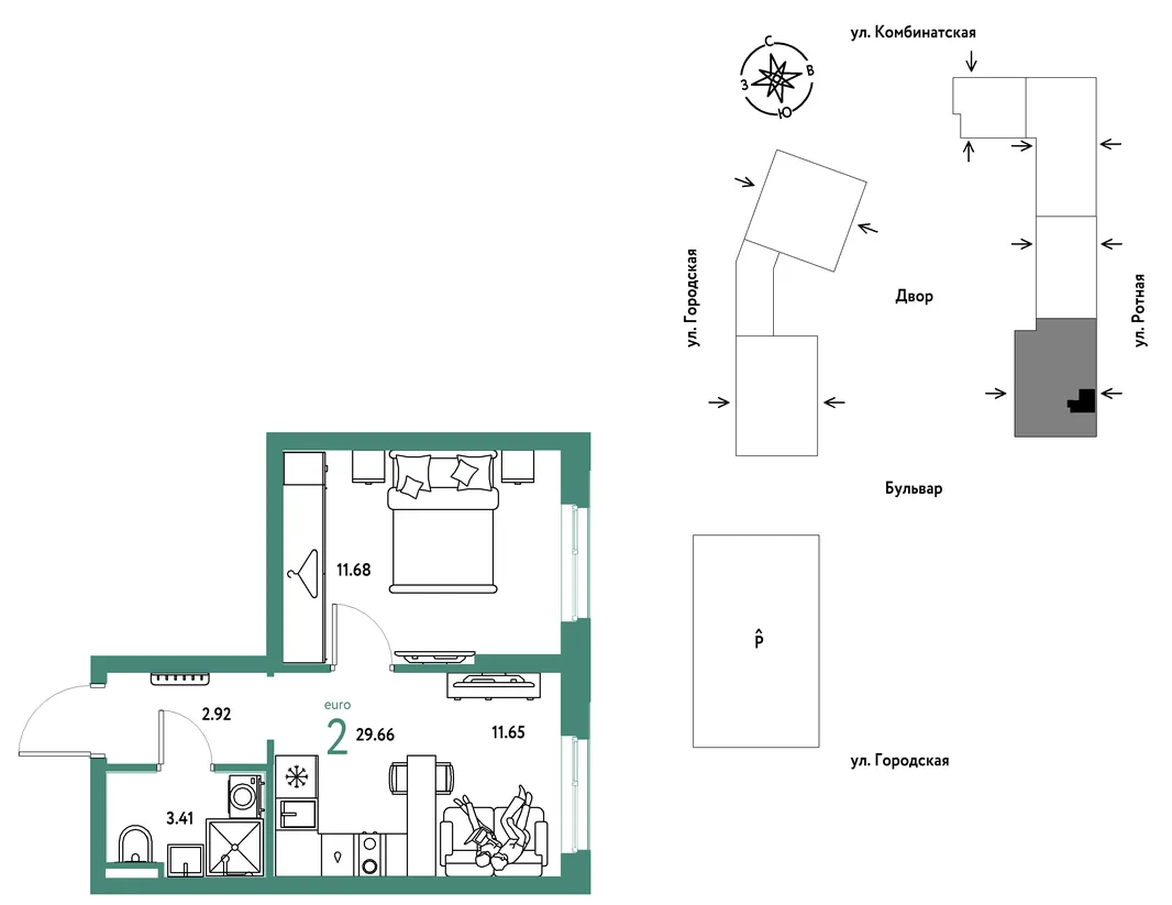 Планировка 2-комн. квартира, 29.66 м² ЖК «Уральский сад»