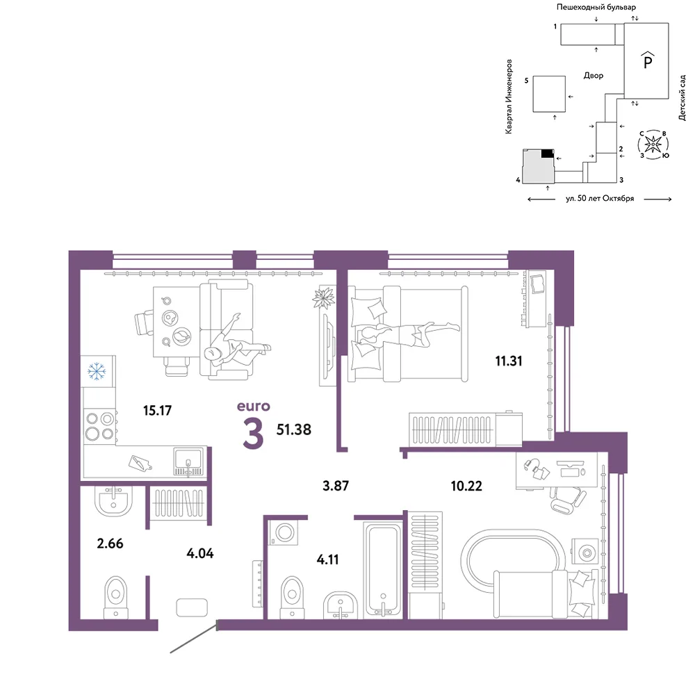 Планировка 3-комн. квартира, 51.38 м² ЖК «Сердце Сибири»